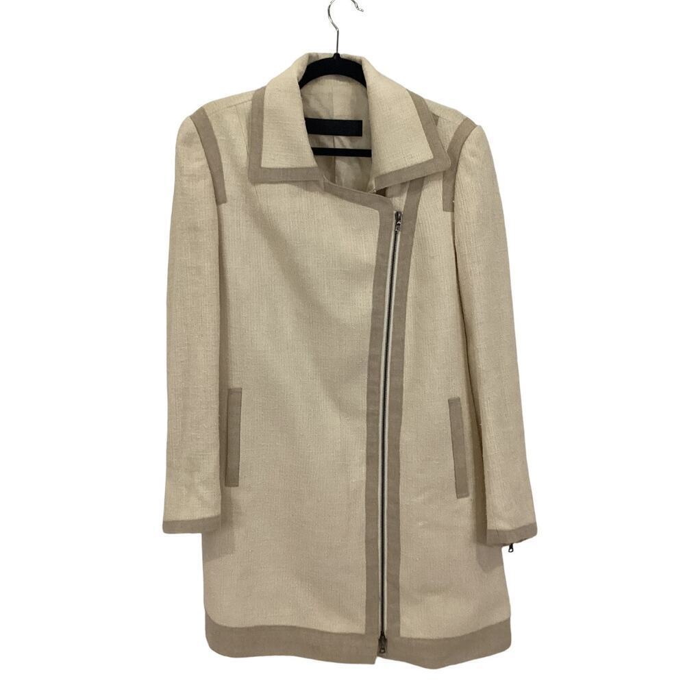 Jenni Kayne Contrast Trim Asymmetrical Coat Cream And‎ Beige Size 8 Rare